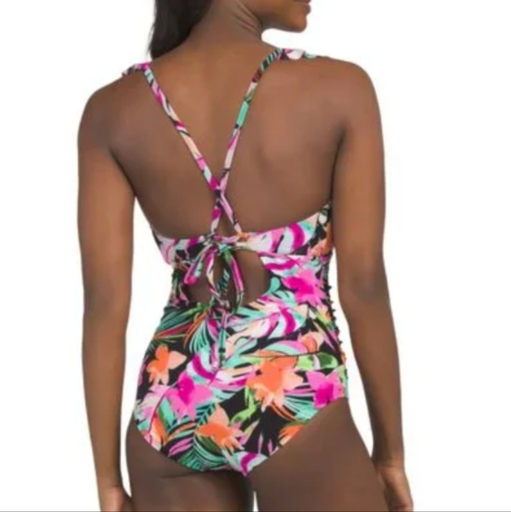 BEYOND CONTROL New Black Multi Printed Ruffled V-neck One-piece Swimsuit Size 10 - Picture 2 of 13